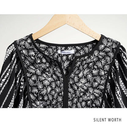 【Mサイズ】SILENT WORTH モノトーンプリント切替マキシワンピース｜ゆったり体型カバー・上品エスニック柄・五分袖 C-3273