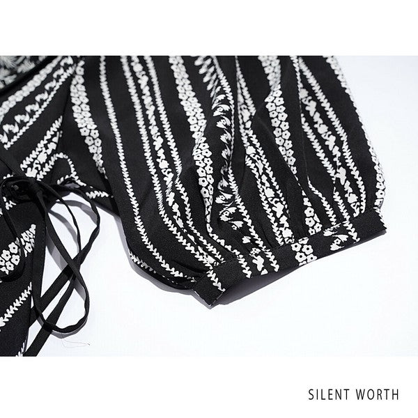 【Mサイズ】SILENT WORTH モノトーンプリント切替マキシワンピース｜ゆったり体型カバー・上品エスニック柄・五分袖 C-3273