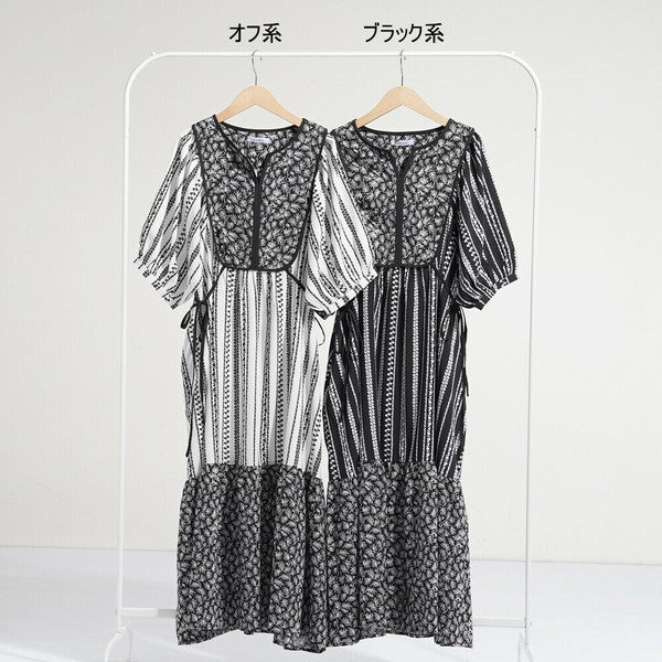 【Mサイズ】SILENT WORTH モノトーンプリント切替マキシワンピース｜ゆったり体型カバー・上品エスニック柄・五分袖 C-3273