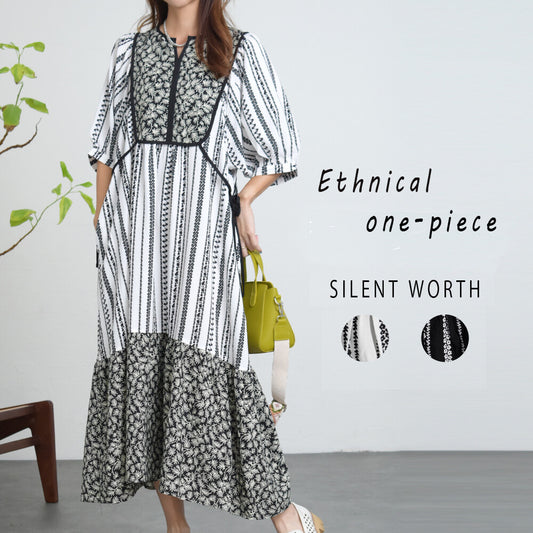 【Mサイズ】SILENT WORTH モノトーンプリント切替マキシワンピース｜ゆったり体型カバー・上品エスニック柄・五分袖 C-3273