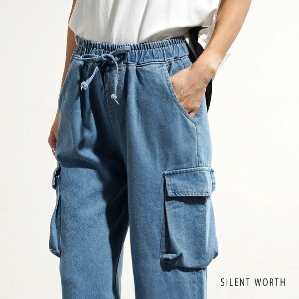 【M】デニムワイドカーゴパンツ｜サイドポケット付き・ゆったりシルエット Y-0070・SILENT WORTH