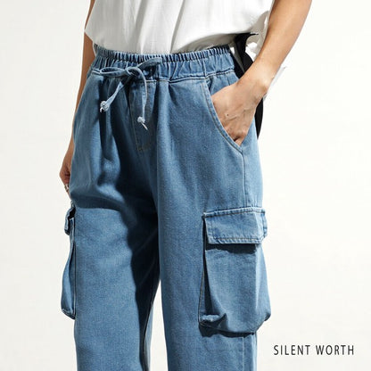 【M】デニムワイドカーゴパンツ｜サイドポケット付き・ゆったりシルエット Y-0070・SILENT WORTH