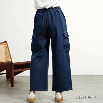 【M】デニムワイドカーゴパンツ｜サイドポケット付き・ゆったりシルエット Y-0070・SILENT WORTH