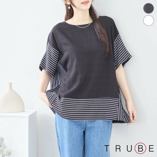 【L~LL】ストライプ 切替 ワイド シルエット トップス トップス (C31-2057A)
