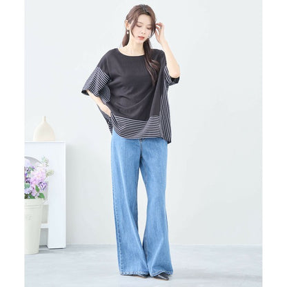 【L~LL】ストライプ 切替 ワイド シルエット トップス トップス (C31-2057A)