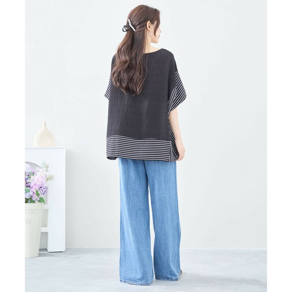 【L~LL】ストライプ 切替 ワイド シルエット トップス トップス (C31-2057A)