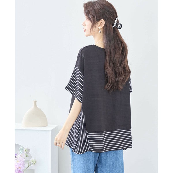 【L~LL】ストライプ 切替 ワイド シルエット トップス トップス (C31-2057A)