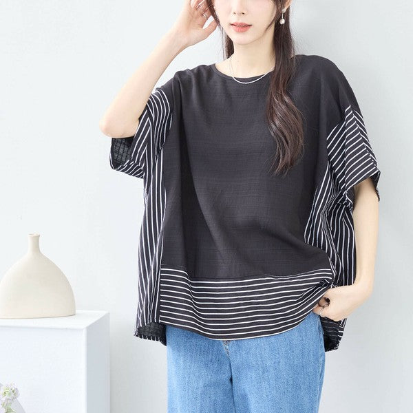 【L~LL】ストライプ 切替 ワイド シルエット トップス トップス (C31-2057A)