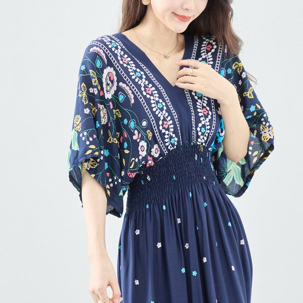 ワンピース M~L フラワー柄 Vネック ウエストシャーリング ロング ワンピ レディース 夏 リゾート 半袖/C38-1156A
