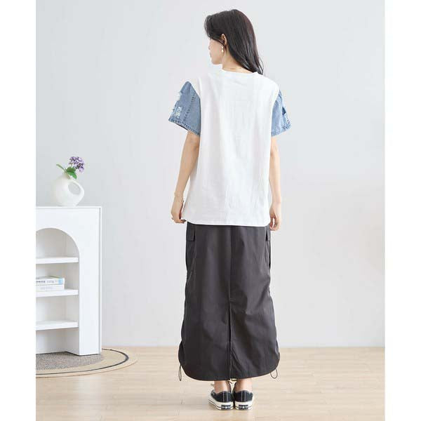 【M〜L】デニム 袖 切り替え ラインストーン キャプ T-シャツ カットソー (N12-428)