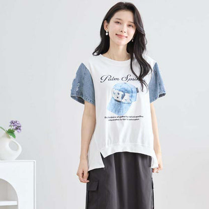 【M〜L】デニム 袖 切り替え ラインストーン キャプ T-シャツ カットソー (N12-428)