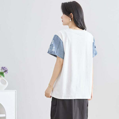 【M〜L】デニム 袖 切り替え ラインストーン キャプ T-シャツ カットソー (N12-428)