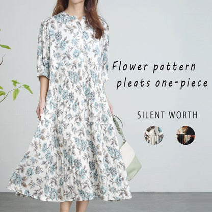 【M】花柄プリーツ切替ワンピース｜優雅な揺れ感・大人フェミニン・SILENT WORTH N-3115