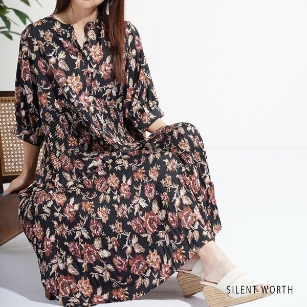 【M】花柄プリーツ切替ワンピース｜優雅な揺れ感・大人フェミニン・SILENT WORTH N-3115
