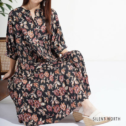 【M】花柄プリーツ切替ワンピース｜優雅な揺れ感・大人フェミニン・SILENT WORTH N-3115