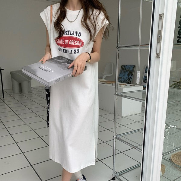 ロゴ プリント フレンチスリーブ Tシャツ ワンピース スリット ゆったり 体型カバー LL