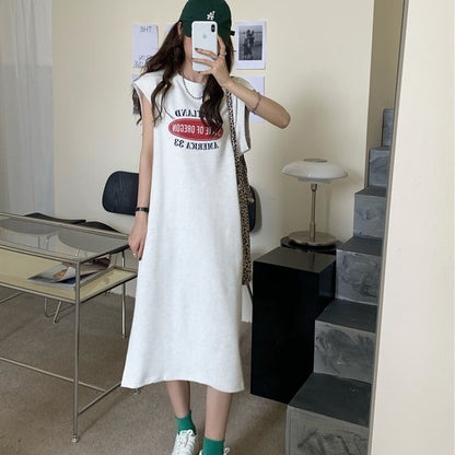 ロゴ プリント フレンチスリーブ Tシャツ ワンピース スリット ゆったり 体型カバー LL