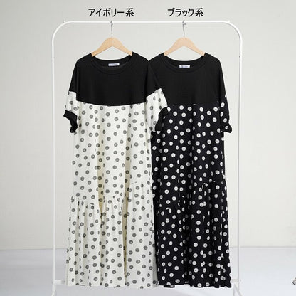 【Mサイズ】異素材配色ドット柄アシメギャザーワンピース｜体型カバー・華やか・ドット・大人ワンピース C-3313