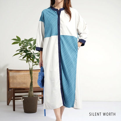 【Mサイズ】ジャカード切替・ブロッキングデザインシャツワンピース｜軽やか素材・秋に◎・SILENT WORTH・N-3101