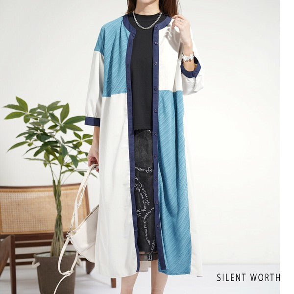 【Mサイズ】ジャカード切替・ブロッキングデザインシャツワンピース｜軽やか素材・秋に◎・SILENT WORTH・N-3101