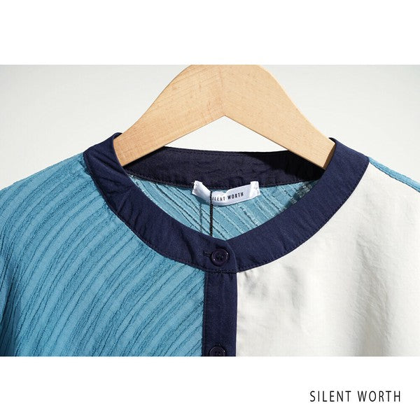【Mサイズ】ジャカード切替・ブロッキングデザインシャツワンピース｜軽やか素材・秋に◎・SILENT WORTH・N-3101