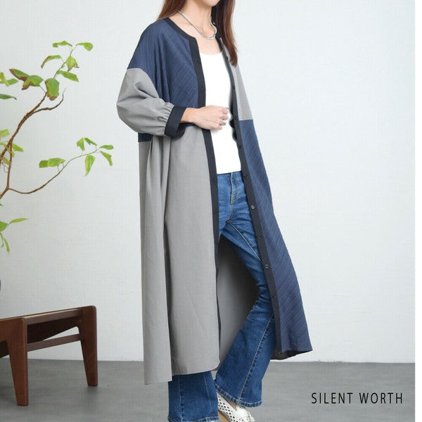 【Mサイズ】ジャカード切替・ブロッキングデザインシャツワンピース｜軽やか素材・秋に◎・SILENT WORTH・N-3101