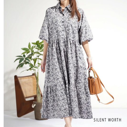 【M】袖バルーン総柄ワンピース｜モノトーンプリント・ゆったりシルエット・SILENT WORTH N-3109