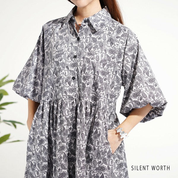【M】袖バルーン総柄ワンピース｜モノトーンプリント・ゆったりシルエット・SILENT WORTH N-3109