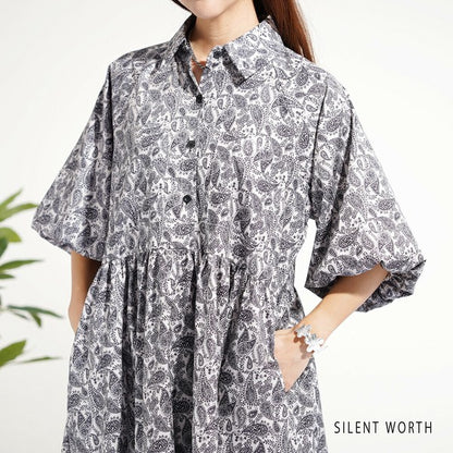 【M】袖バルーン総柄ワンピース｜モノトーンプリント・ゆったりシルエット・SILENT WORTH N-3109