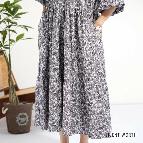 【M】袖バルーン総柄ワンピース｜モノトーンプリント・ゆったりシルエット・SILENT WORTH N-3109