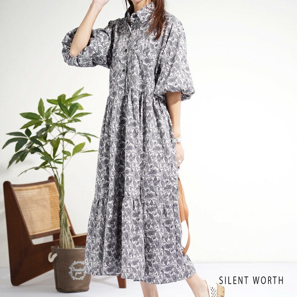 【M】袖バルーン総柄ワンピース｜モノトーンプリント・ゆったりシルエット・SILENT WORTH N-3109