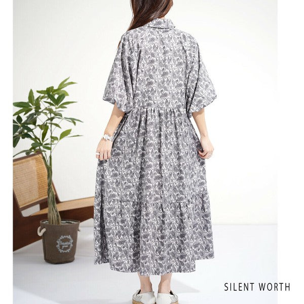 【M】袖バルーン総柄ワンピース｜モノトーンプリント・ゆったりシルエット・SILENT WORTH N-3109