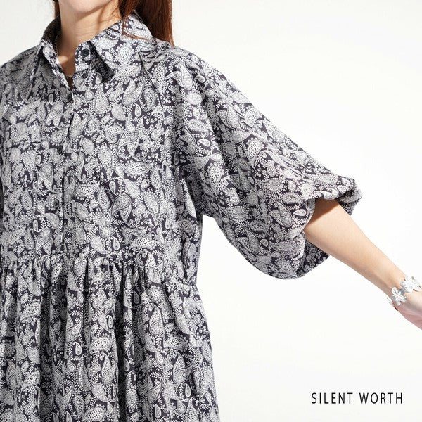 【M】袖バルーン総柄ワンピース｜モノトーンプリント・ゆったりシルエット・SILENT WORTH N-3109