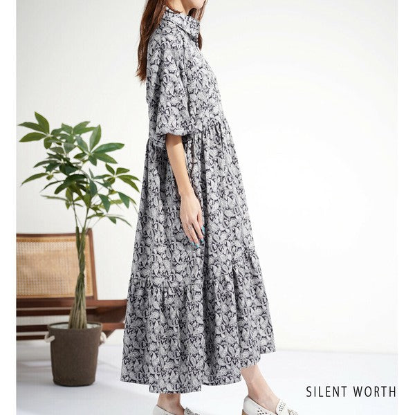 【M】袖バルーン総柄ワンピース｜モノトーンプリント・ゆったりシルエット・SILENT WORTH N-3109