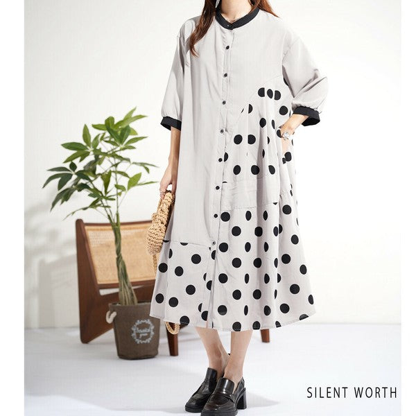 【ゆったりM】SILENT WORTH ドット柄切替シャツワンピース｜体型カバー・秋・N-3122