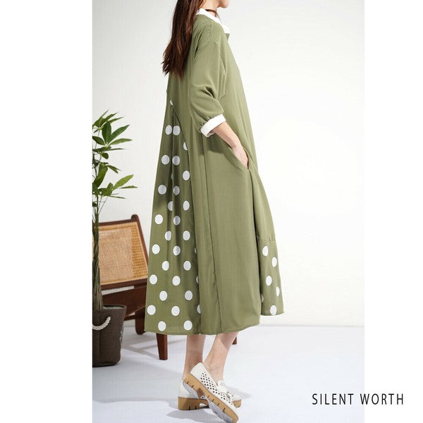 【ゆったりM】SILENT WORTH ドット柄切替シャツワンピース｜体型カバー・秋・N-3122