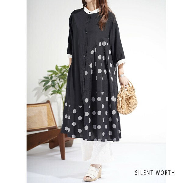 【ゆったりM】SILENT WORTH ドット柄切替シャツワンピース｜体型カバー・秋・N-3122