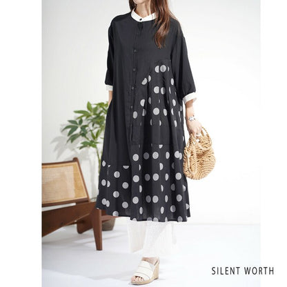 【ゆったりM】SILENT WORTH ドット柄切替シャツワンピース｜体型カバー・秋・N-3122