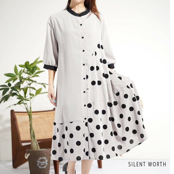 【ゆったりM】SILENT WORTH ドット柄切替シャツワンピース｜体型カバー・秋・N-3122