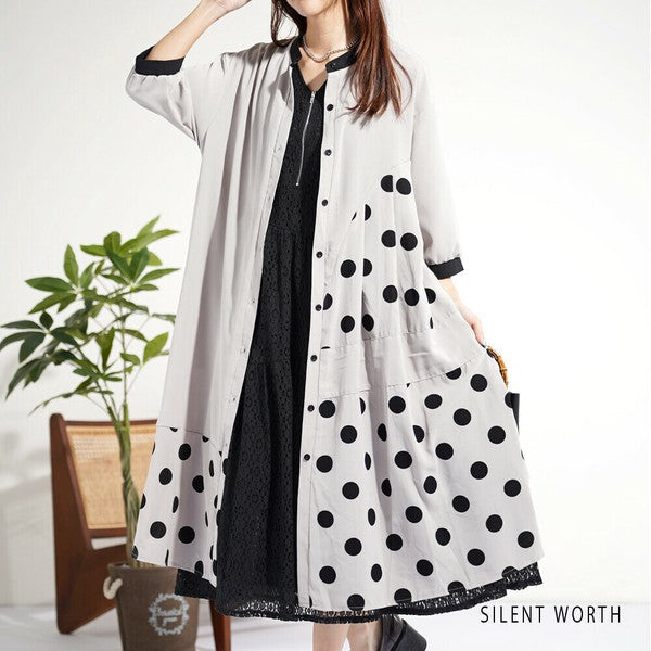 【ゆったりM】SILENT WORTH ドット柄切替シャツワンピース｜体型カバー・秋・N-3122