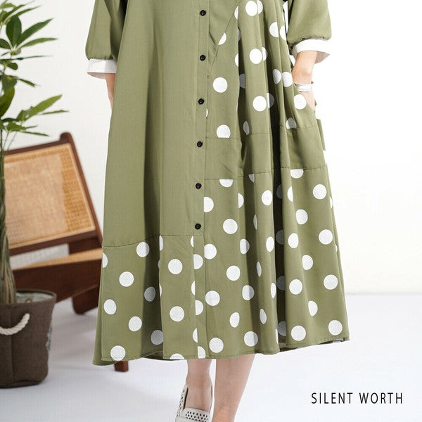 【ゆったりM】SILENT WORTH ドット柄切替シャツワンピース｜体型カバー・秋・N-3122