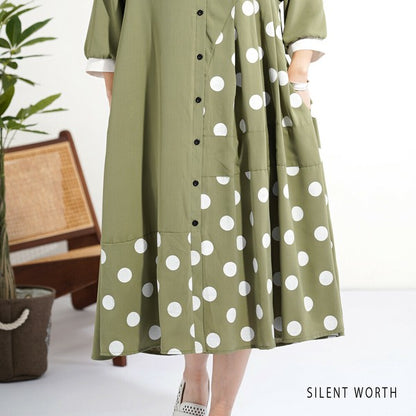 【ゆったりM】SILENT WORTH ドット柄切替シャツワンピース｜体型カバー・秋・N-3122