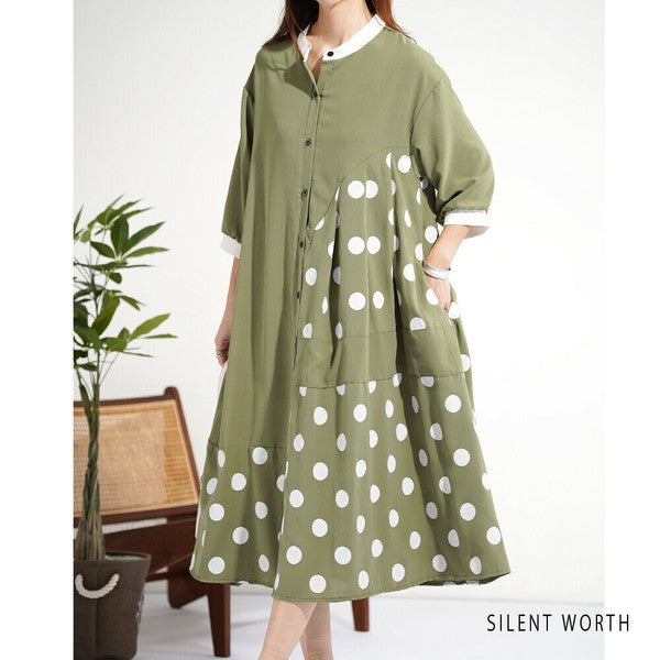 【ゆったりM】SILENT WORTH ドット柄切替シャツワンピース｜体型カバー・秋・N-3122