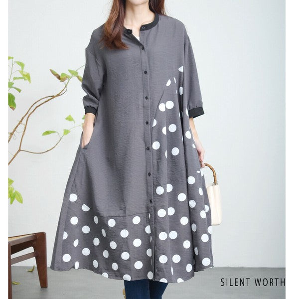 【ゆったりM】SILENT WORTH ドット柄切替シャツワンピース｜体型カバー・秋・N-3122