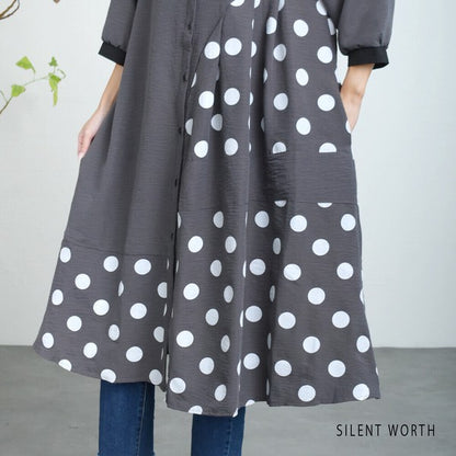 【ゆったりM】SILENT WORTH ドット柄切替シャツワンピース｜体型カバー・秋・N-3122