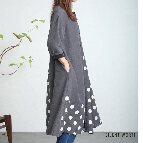 【ゆったりM】SILENT WORTH ドット柄切替シャツワンピース｜体型カバー・秋・N-3122