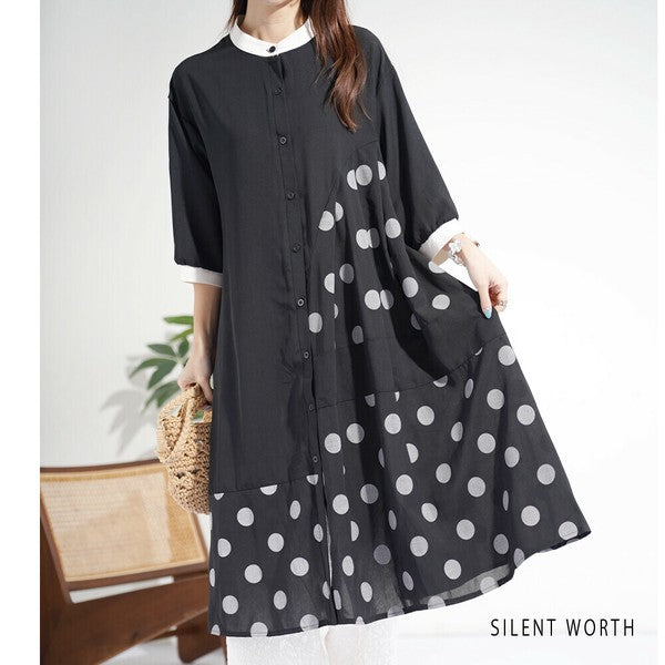 【ゆったりM】SILENT WORTH ドット柄切替シャツワンピース｜体型カバー・秋・N-3122