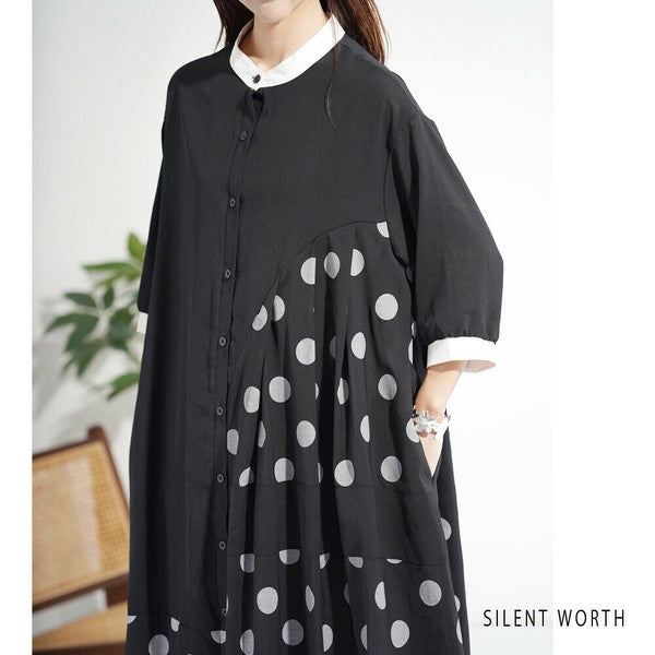 【ゆったりM】SILENT WORTH ドット柄切替シャツワンピース｜体型カバー・秋・N-3122
