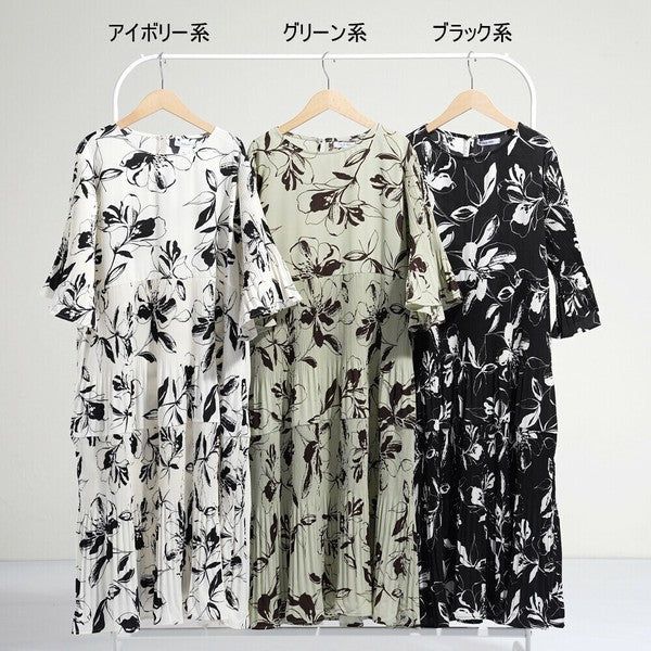 【M】消しプリーツ・大判花柄ワンピース｜軽やか素材・華やぎスタイル・N-3124