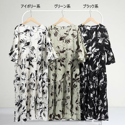 【M】消しプリーツ・大判花柄ワンピース｜軽やか素材・華やぎスタイル・N-3124